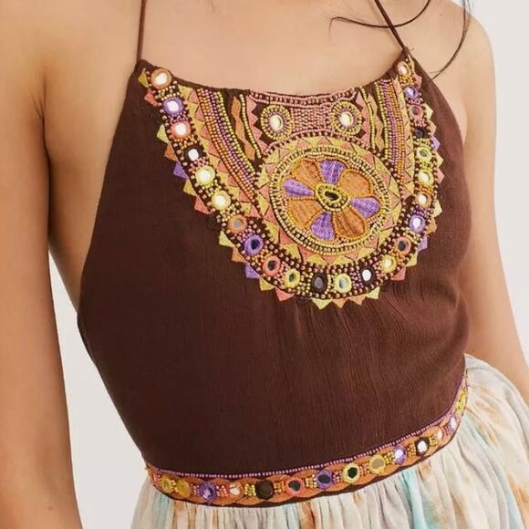 NWT Free People Sandstorm Halter Top - Brown with Multicolors - Beaded - Size S - Picture 3 of 8
